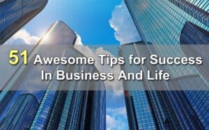 Business buildings in the background with a text written Awesome tips for success in business and life.