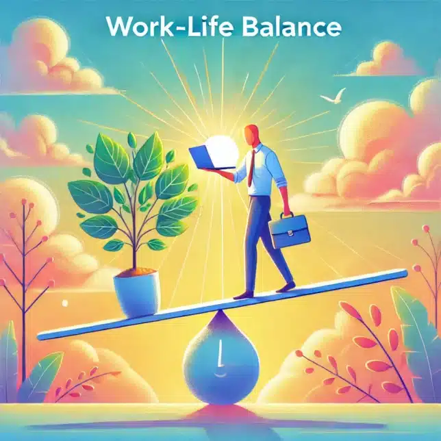 A person balancing work and life, holding a laptop in one hand and a plant in the other, standing on a seesaw. The background shows a calm outdoor scene with trees and clouds. The words 'Work-Life Balance' are at the top, reminding us of the importance of balancing work and personal life.