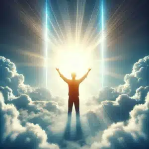 An image representing the power of positive thinking, showcasing a person smiling while surrounded by uplifting symbols like lightbulbs, hearts, and open books, symbolizing growth, hope, and mental clarity.