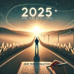 Motivational scene of a person standing at the beginning of a road, looking ahead with determination and hope for their New Year resolutions 2025. The path symbolizes a fresh start, with subtle elements like a notebook and calendar representing goal-setting for the year ahead