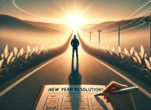 Why is it important to Have Achievable New Year Resolutions for 2026? 1 Motivational scene of a person standing at the beginning of a road, looking ahead with determination and hope for their New Year resolutions 2025. The path symbolizes a fresh start, with subtle elements like a notebook and calendar representing goal-setting for the year ahead