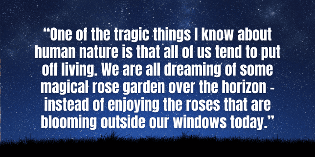 One of the tragic things I know about human nature is that all of us tend to put off living. We are all dreaming of some magical rose garden over the horizon – instead of enjoying the roses that are blooming outside our windows today.
