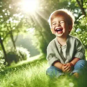 A child laughing with humor, positive motivational nature background. Green background.