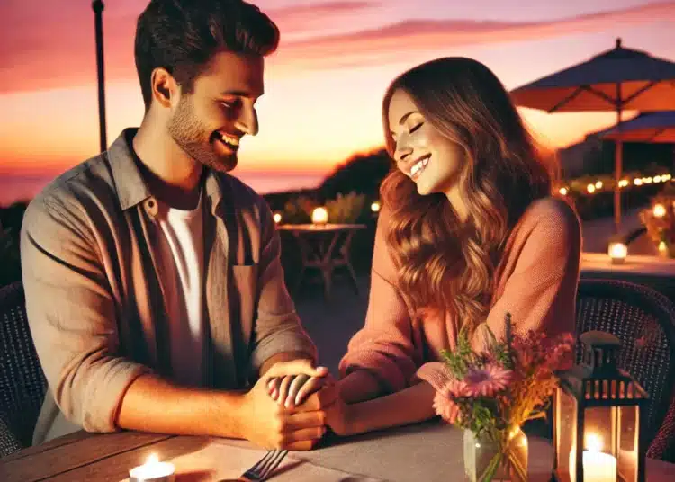 A man holding his wife hand in a dinner table to keep romance alive.