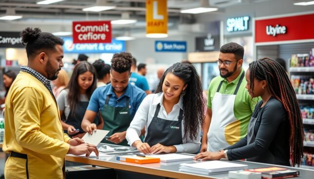 A vibrant retail environment showcasing a diverse group of employees actively engaged in various tasks, set against a backdrop of well-known retail stores, with a focus on teamwork and community support, emphasizing inclusivity and second chances to hire felons in the workplace.