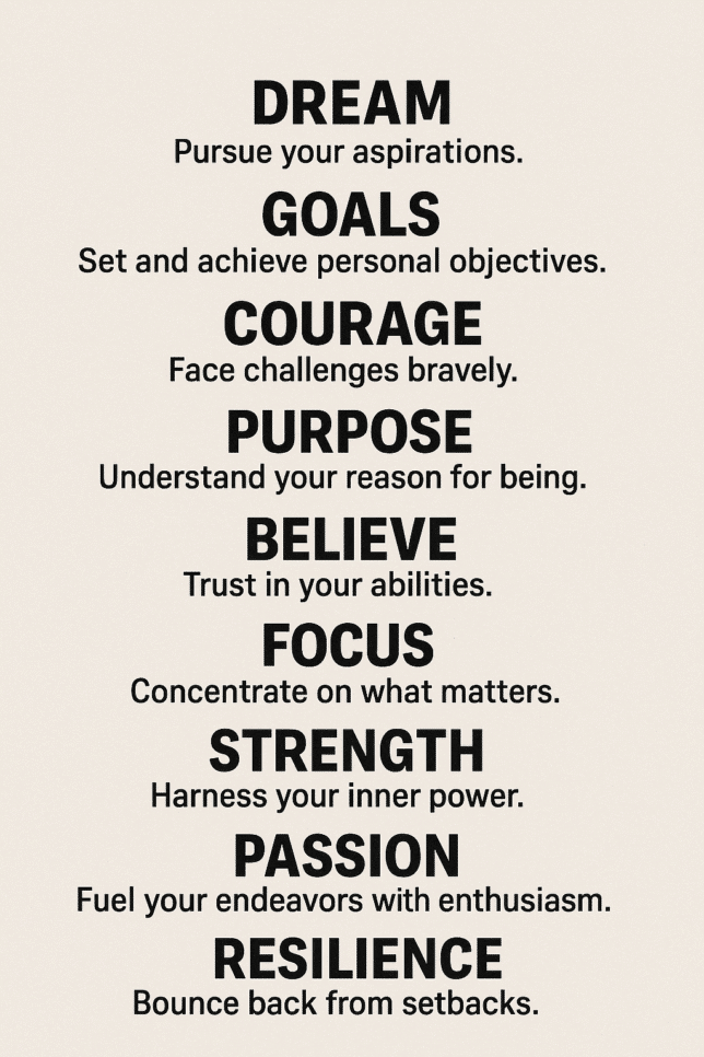 A minimalist graphic on a beige background featuring ten bold motivational words—Dream, Goals, Courage, Purpose, Believe, Focus, Strength, Passion, Resilience—with each word followed by a short encouraging phrase in smaller black font.
