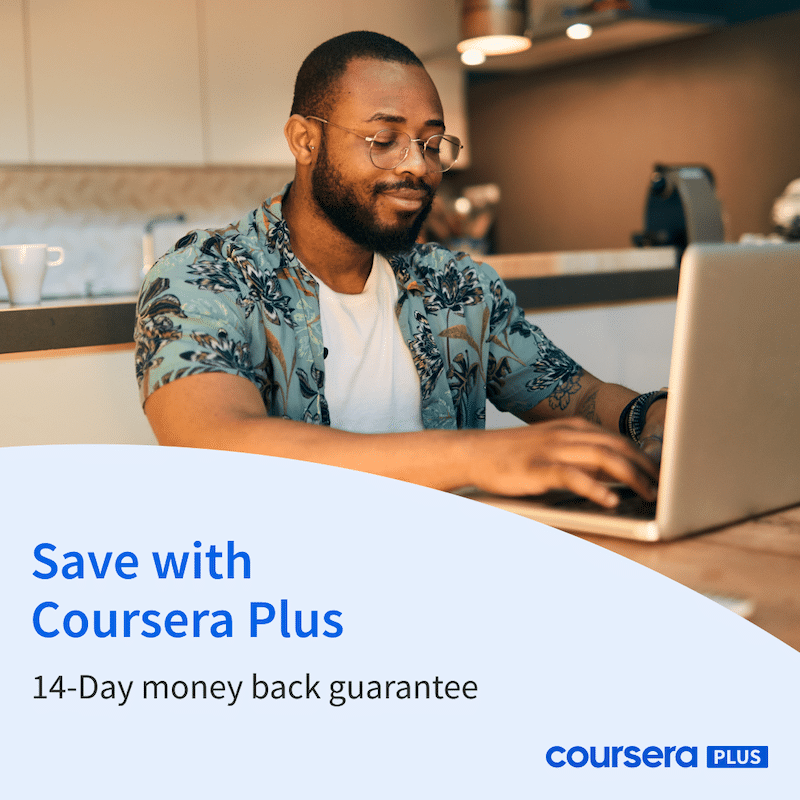Coursera learner on his laptop featuring 14-day money-back guarantee