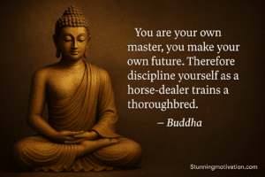 A calm, golden Buddha sits peacefully in meditation against a warm, earthy background, radiating a sense of stillness, wisdom, and inner strength. Personal Development quote on the left side of the image.