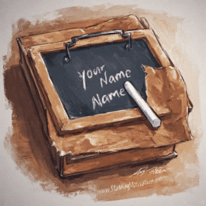 An artistic illustration of a small chalkboard placed on top of a stack of brown paper-wrapped books. The chalkboard has "Your Name Name" written in white chalk, and a piece of chalk rests on it representing how routines for kids are important.