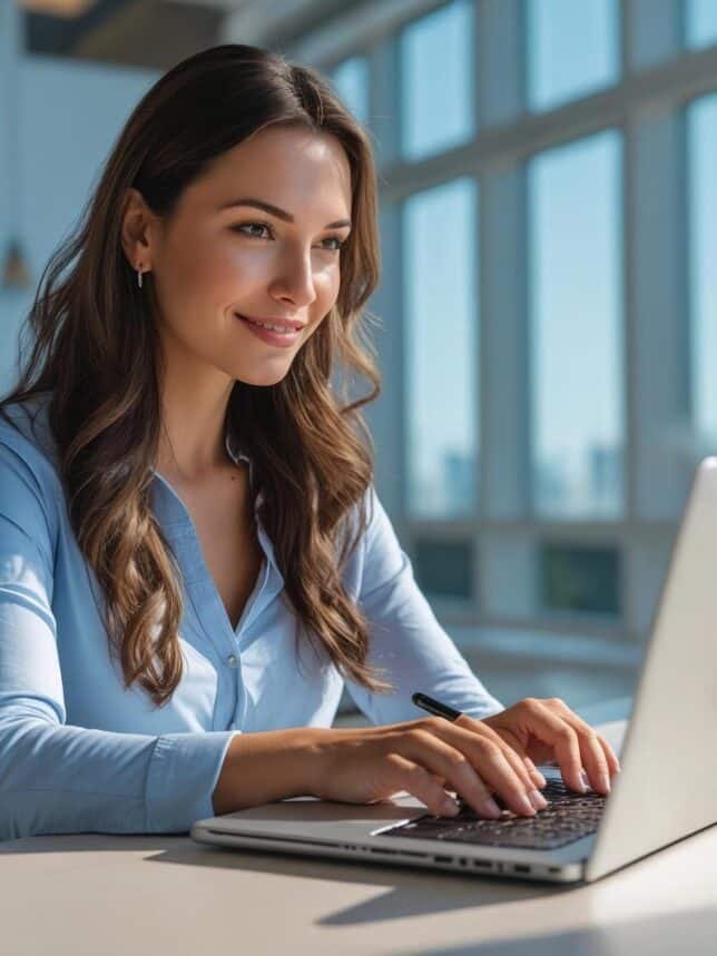 A woman writing on a laptop. She is seated in a well-lit, clean, and modern setting.