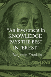 Graphic featuring a close-up of Benjamin Franklin’s portrait from a one-hundred-dollar bill showing financial Quotes for success