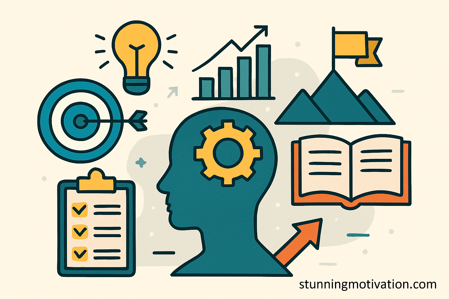 Flat-style illustration representing personal development, featuring icons of a human head with a gear, a checklist, a bullseye, a lightbulb, a growth chart, a mountain with a flag, and an open book.