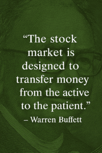 Graphic featuring a close-up of Warren Buffett portrait stating timeless financial quotes for success