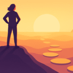Finding your why illustration showing a person standing on a mountain peak at sunrise, looking toward a path of stepping stones leading to success in 2025.
