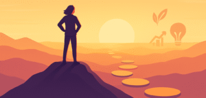 Finding your why illustration showing a person standing on a mountain peak at sunrise, looking toward a path of stepping stones leading to success in 2025.