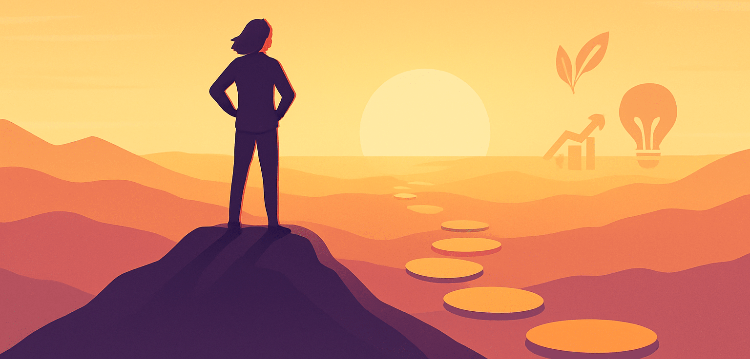 Finding your why illustration showing a person standing on a mountain peak at sunrise, looking toward a path of stepping stones leading to success in 2025.