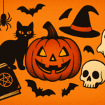 Illustrated Halloween scene featuring a glowing jack-o’-lantern, black cat, witch’s hat, ghost, skull, spellbook, bats, spider, and skeleton hand on an orange background. Image is associated with Halloween Quotes and inspiration.