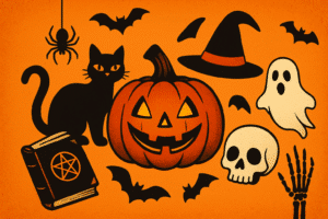 Illustrated Halloween scene featuring a glowing jack-o’-lantern, black cat, witch’s hat, ghost, skull, spellbook, bats, spider, and skeleton hand on an orange background. Image is associated with Halloween Quotes and inspiration.