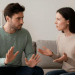 A couple sitting on a couch having a serious conversation, illustrating the importance of setting healthy boundaries in a relationship.