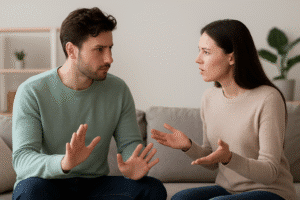 A couple sitting on a couch having a serious conversation, illustrating the importance of setting healthy boundaries in a relationship.