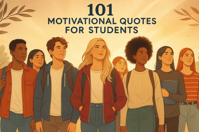 Motivational quotes for students about success and perseverance with an open book and inspiring sunrise background.