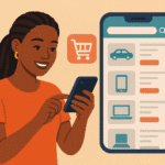 Illustration of a Nigerian woman using her smartphone for online business, with shopping cart icon and large phone screen showing listings, alongside the headline ‘Is Your Smartphone Your Storefront? How Nigerians Turn Scrolls into Sales.