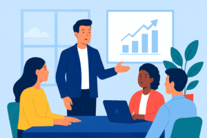 A coach explaining how to motivate teams in an office setup.