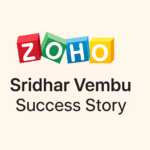Zoho logo with text 'Sridhar Vembu Success Story' on a plain beige background.