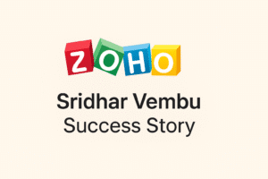 Zoho logo with text 'Sridhar Vembu Success Story' on a plain beige background.