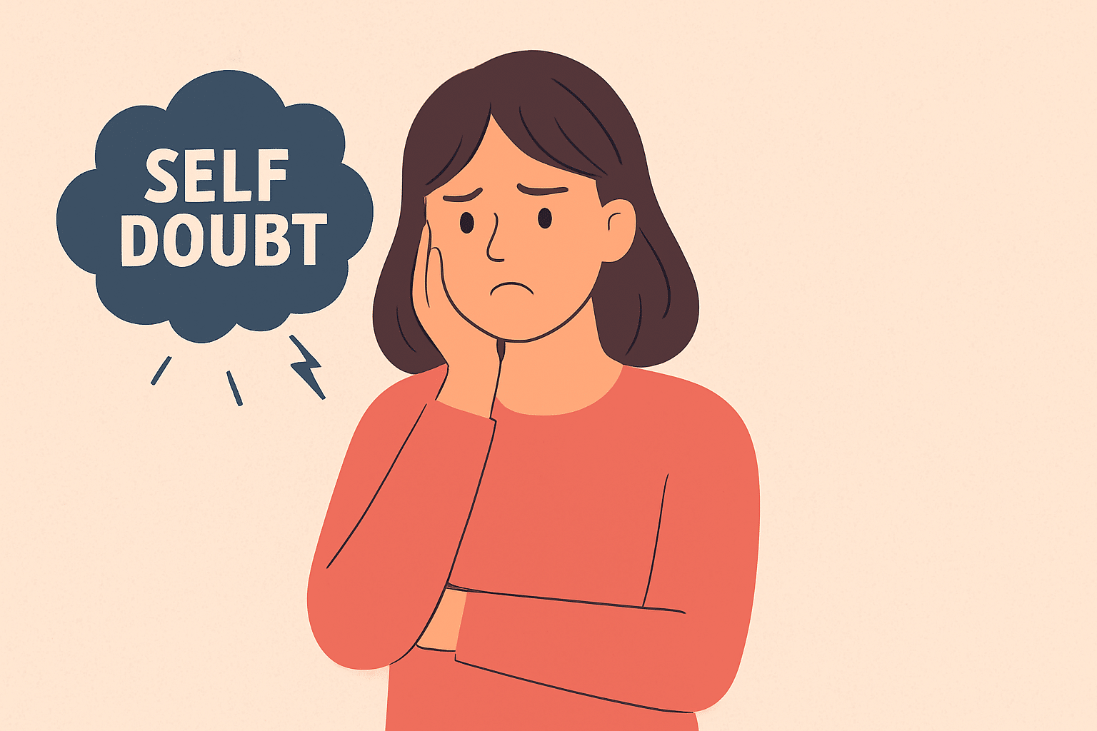 Flat-style illustration of a young person at a crossroads choosing a positive path, symbolizing overcoming self-doubt, building confidence, and embracing new mindset challenges.