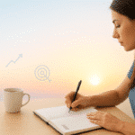 A focused woman writes in a 2025 planner at sunrise, sitting at a minimalist wooden desk with a coffee mug beside her. Soft golden light and subtle goal icons symbolize progress, clarity, and motivation — a calm, inspiring visual for staying motivated and achieving goals in 2025.