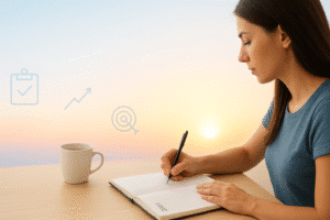 A focused woman writes in a 2025 planner at sunrise, sitting at a minimalist wooden desk with a coffee mug beside her. Soft golden light and subtle goal icons symbolize progress, clarity, and motivation — a calm, inspiring visual for staying motivated and achieving goals in 2025.