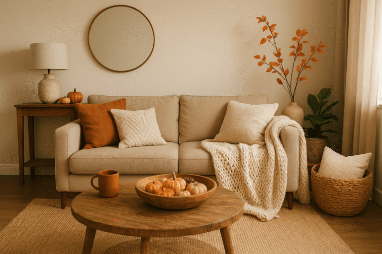 A cozy, sunlit living room with neatly organized shelves, minimal furniture, and autumn decorations, illustrating a clean and decluttered home environment. Image is used for decluttering tips to rest your home this fall.
