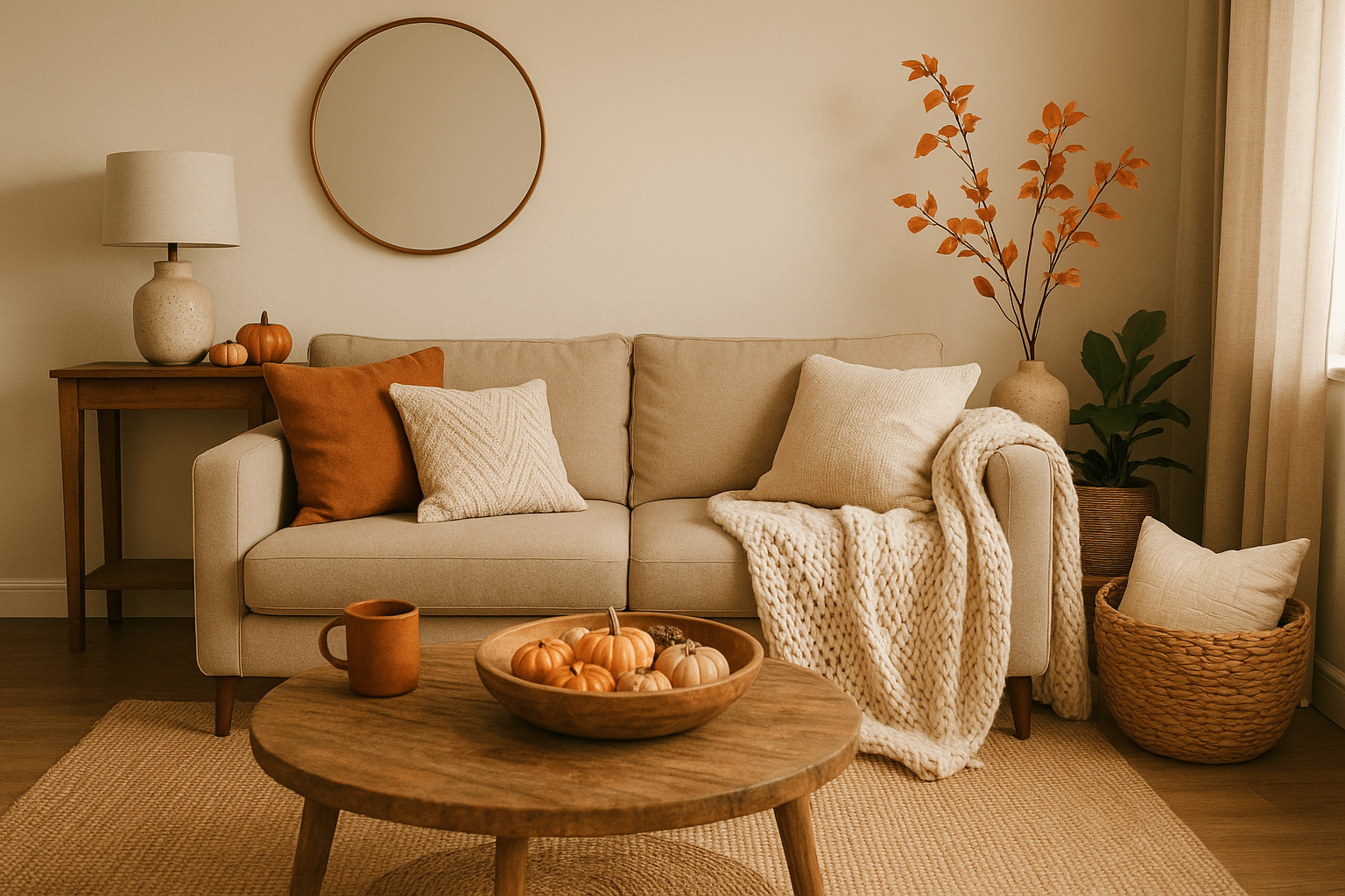 A cozy, sunlit living room with neatly organized shelves, minimal furniture, and autumn decorations, illustrating a clean and decluttered home environment. Image is used for decluttering tips to rest your home this fall.