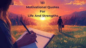 A girl writing a note and a man looking at sunshine. Image featuring the text 151 Motivational Quotes for Life And Strengths