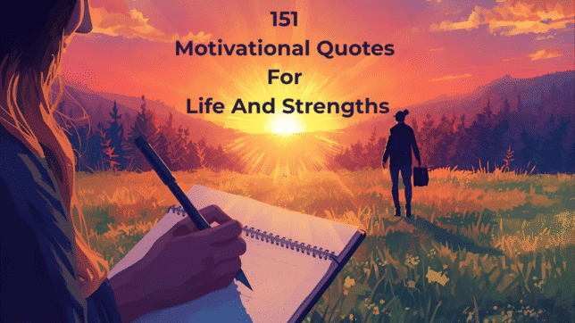 A girl writing a note and a man looking at sunshine. Image featuring the text 151 Motivational Quotes for Life And Strengths