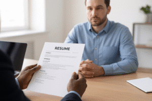 Two professionals reviewing a resume in an office setting, representing what recruiters look for in a resume, including skills, experience, and presentation quality.
