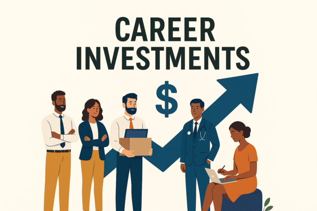 Illustration of diverse professionals standing in front of an upward financial arrow with a dollar symbol, representing career investments and high-ROI