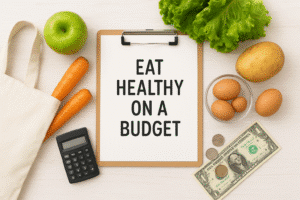 Flat lay image of healthy budget-friendly foods including apples, carrots, lettuce, potatoes, eggs, and a reusable bag arranged around a clipboard that reads “How to Eat well on a Budget,” with a calculator and dollar bills on a light wooden surface.