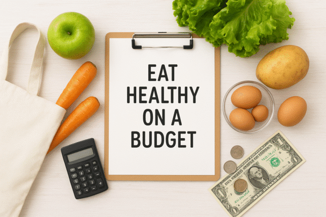 Flat lay image of healthy budget-friendly foods including apples, carrots, lettuce, potatoes, eggs, and a reusable bag arranged around a clipboard that reads “How to Eat well on a Budget,” with a calculator and dollar bills on a light wooden surface.