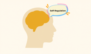 Minimalist digital illustration of a human head in profile with a golden-yellow brain inside, symbolizing mindfulness, awareness, and the concept of self-regulation against a clean beige background.