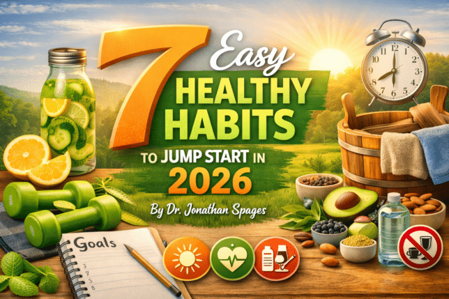 Featured image showing 7 easy healthy habits to jump start 2026, including hydration, sunlight, nutrition, exercise, sauna, and goal setting.