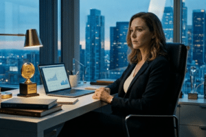 Image of a professional woman working on a laptop. The Image is used to explain the neurology of Dopamine driven motivation