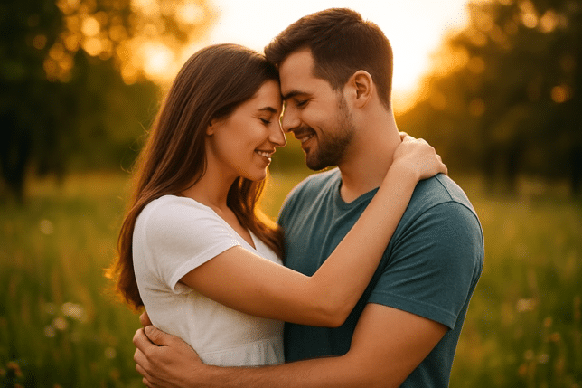 A young couple sharing a warm embrace during golden hour, capturing a tender moment of romance in long-term relationships.