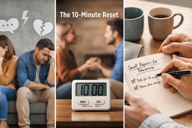 Married couple sitting apart on a couch after an argument, showing emotional distance and unresolved conflict. Couple holding hands and talking calmly during a 10-minute marriage reset exercise to improve communication. Notebook showing small daily relationship repairs, such as phone-free time and intentional conversations, to strengthen marriage. These images represent the article on how to save your marriage with the help of a 10-minute marriage reset