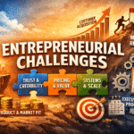 Insights From 18 Experts: Biggest Challenges When Starting a Business and How to Overcome Them 1 A digital illustration representing the 18 biggest challenges when starting a business. A diverse group of businesspeople climbs a mountain labeled 'Mindset & Resilience' with a sunrise in the background symbolizing opportunity. Puzzle pieces in the foreground are labeled 'Trust & Credibility,' 'Pricing & Value,' and 'Systems & Scale.' Other elements include coins labeled 'Product & Market Fit,' a target symbolizing goals, gears and a checklist for 'Execution & Process,' and an upward arrow labeled 'Customer Acquisition.' The image uses bright, inspirational colors and a modern vector style.