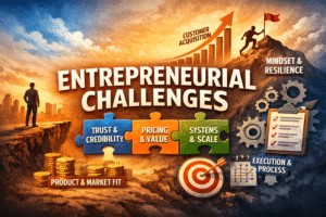 A digital illustration representing the 18 biggest challenges when starting a business. A diverse group of businesspeople climbs a mountain labeled 'Mindset & Resilience' with a sunrise in the background symbolizing opportunity. Puzzle pieces in the foreground are labeled 'Trust & Credibility,' 'Pricing & Value,' and 'Systems & Scale.' Other elements include coins labeled 'Product & Market Fit,' a target symbolizing goals, gears and a checklist for 'Execution & Process,' and an upward arrow labeled 'Customer Acquisition.' The image uses bright, inspirational colors and a modern vector style.