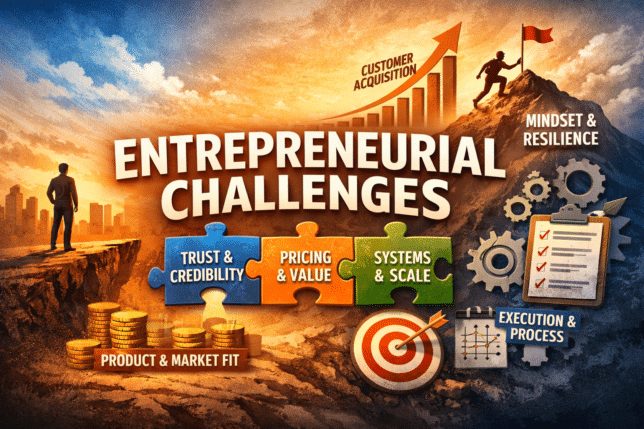 A digital illustration representing the 18 biggest challenges when starting a business. A diverse group of businesspeople climbs a mountain labeled 'Mindset & Resilience' with a sunrise in the background symbolizing opportunity. Puzzle pieces in the foreground are labeled 'Trust & Credibility,' 'Pricing & Value,' and 'Systems & Scale.' Other elements include coins labeled 'Product & Market Fit,' a target symbolizing goals, gears and a checklist for 'Execution & Process,' and an upward arrow labeled 'Customer Acquisition.' The image uses bright, inspirational colors and a modern vector style.