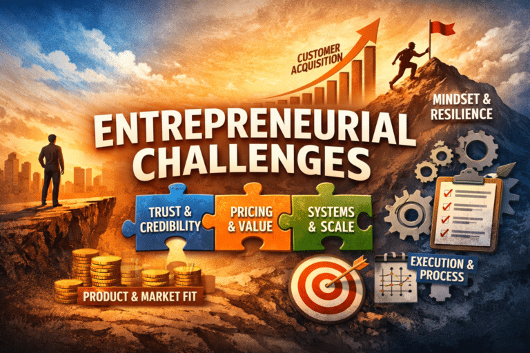 A digital illustration representing the 18 biggest challenges when starting a business. A diverse group of businesspeople climbs a mountain labeled 'Mindset & Resilience' with a sunrise in the background symbolizing opportunity. Puzzle pieces in the foreground are labeled 'Trust & Credibility,' 'Pricing & Value,' and 'Systems & Scale.' Other elements include coins labeled 'Product & Market Fit,' a target symbolizing goals, gears and a checklist for 'Execution & Process,' and an upward arrow labeled 'Customer Acquisition.' The image uses bright, inspirational colors and a modern vector style.