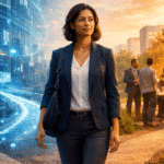 The Future of Work: Why Judgment, Adaptability, and Communication Matter Most 1 A confident professional woman stands at a crossroads between a glowing, futuristic AI data landscape and a warm, human-centered outdoor gathering, symbolizing judgment, adaptability, and communication in the future of work.